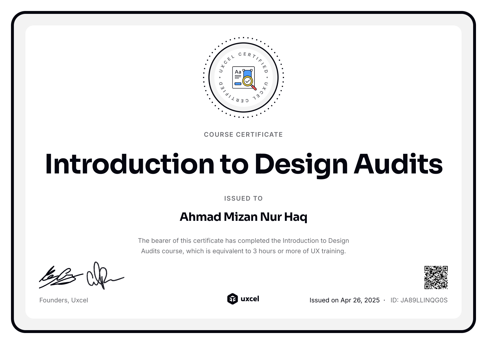 Ahmad Mizan Nur Haq's certificate